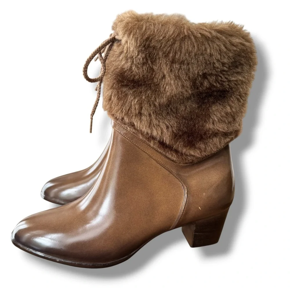 Vintage Brown Faux Fur Trim Rain Boots Womens Size 9 Block Heel Made in USA
